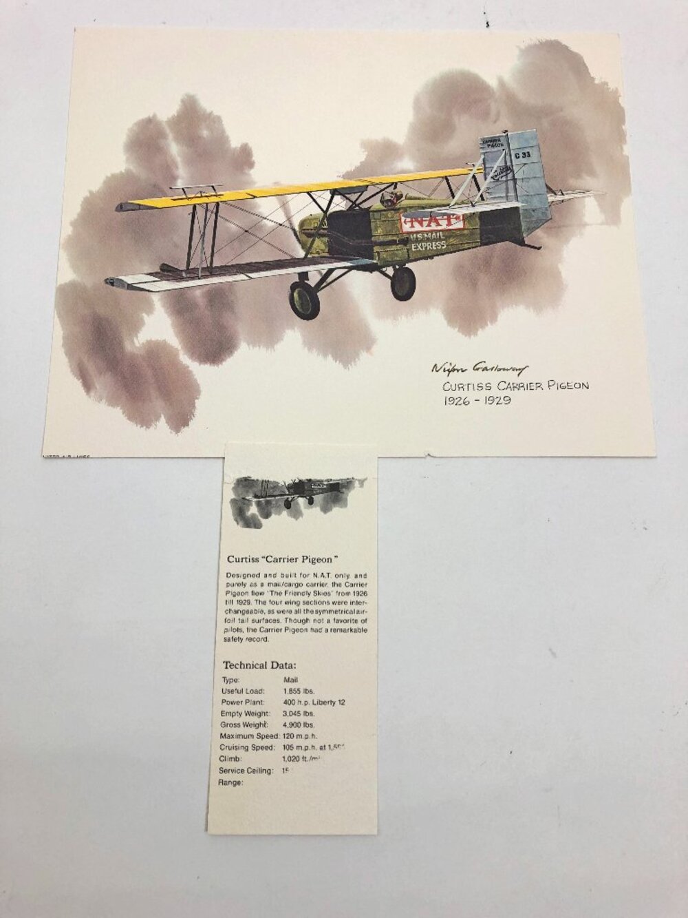 1975 United Airlines Collector Litho Print Curtiss Carrier Pigeon 1926-1929